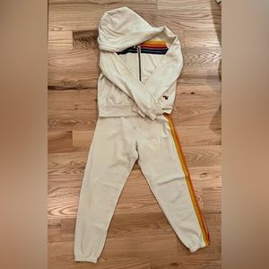 Aviator Nation set white beige stripes medium hoodie sweatshirt and sweatpants